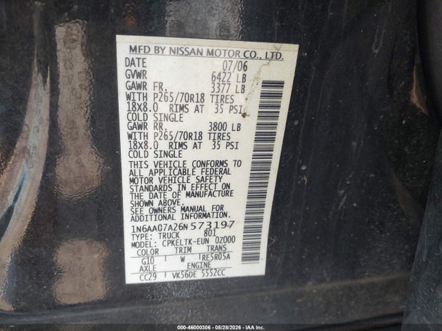 Aukcja sprzedaży 2006 Nissan Titan Se, vin: 1N6AA07A26N573197, numer aukcji: 46000306