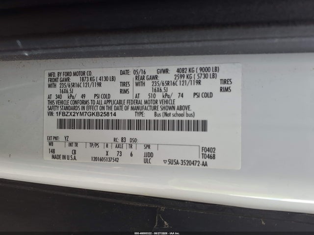2016 Ford Transit T-350 მანქანა იყიდება აუქციონზე, vin: 1FBZX2YM7GKB25814, აუქციონის ნომერი: 46000322