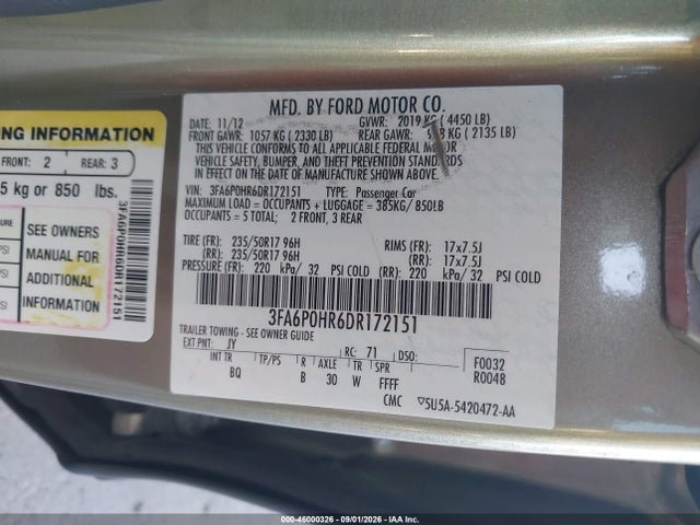 Продаж на аукціоні авто 2013 Ford Fusion Se, vin: 3FA6P0HR6DR172151, номер лоту: 46000326