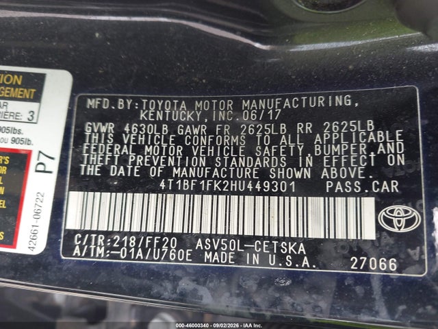 Продажа на аукционе авто 2017 Toyota Camry Se, vin: 4T1BF1FK2HU449301, номер лота: 46000340