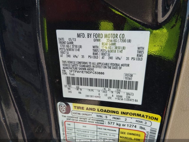 Продаж на аукціоні авто 2013 Ford F-150 Lariat, vin: 1FTFW1ET9DFC53886, номер лоту: 46000346
