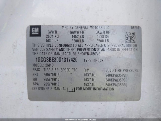Chevrolet Colorado Wt 2016 1GCGSBE30G1317420 Image 9