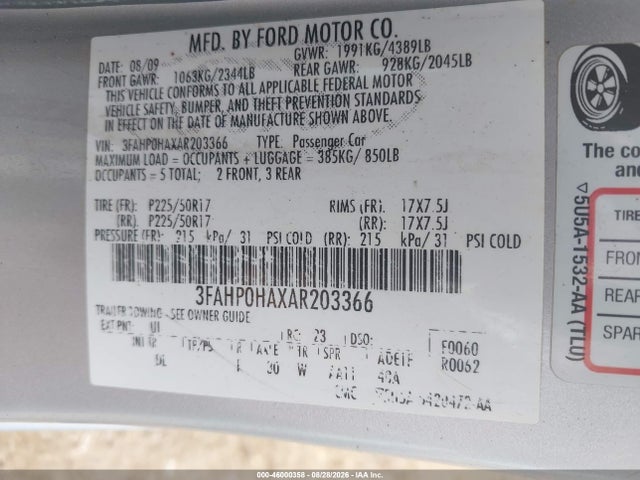 Продажа на аукционе авто 2010 Ford Fusion Se, vin: 3FAHP0HAXAR203366, номер лота: 46000358