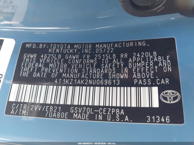 Продажа на аукционе авто 2022 Toyota Camry Trd, vin: 4T1KZ1AK2NU069613, номер лота: 46000374