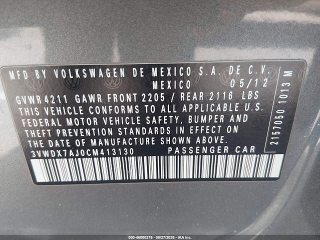 Aukcja sprzedaży 2012 Volkswagen Jetta 2.5l Se, vin: 3VWDX7AJ0CM413130, numer aukcji: 46000379