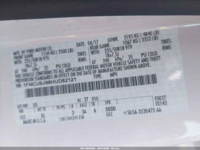 46000388 :رقم المزاد ، 1FMCU9J98HUD82121 vin ، 2017 Ford Escape Titanium مزاد بيع