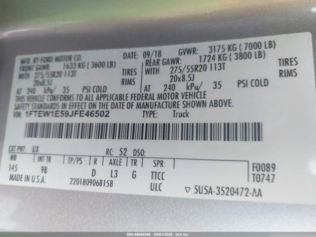 Ford F-150 Platinum 2018 1FTEW1E59JFE46502 Image 9