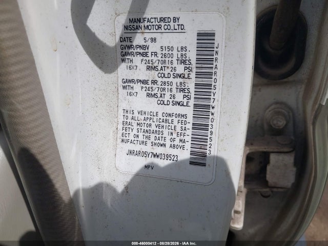 46000412 :رقم المزاد ، JNRAR05Y7WW039523 vin ، 1998 Infiniti Qx4 مزاد بيع