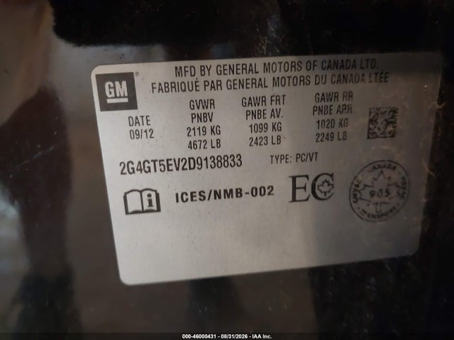 Auction sale of the 2013 Buick Regal Turbo - Premium 2, vin: 2G4GT5EV2D9138833, lot number: 46000431