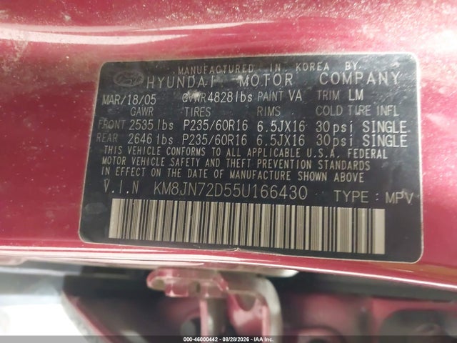 2005 Hyundai Tucson Gls/lx მანქანა იყიდება აუქციონზე, vin: KM8JN72D55U166430, აუქციონის ნომერი: 46000442