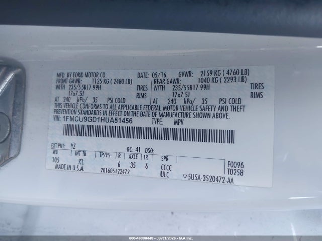 2017 Ford Escape Se მანქანა იყიდება აუქციონზე, vin: 1FMCU9GD1HUA51456, აუქციონის ნომერი: 46000448