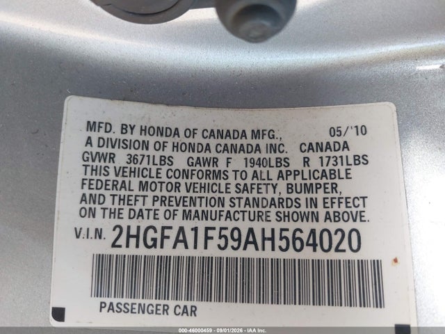 2010 Honda Civic Lx მანქანა იყიდება აუქციონზე, vin: 2HGFA1F59AH564020, აუქციონის ნომერი: 46000459