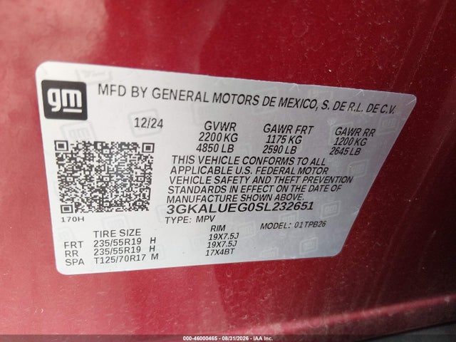 Aukcja sprzedaży 2025 Gmc Terrain Awd Elevation, vin: 3GKALUEG0SL232651, numer aukcji: 46000465