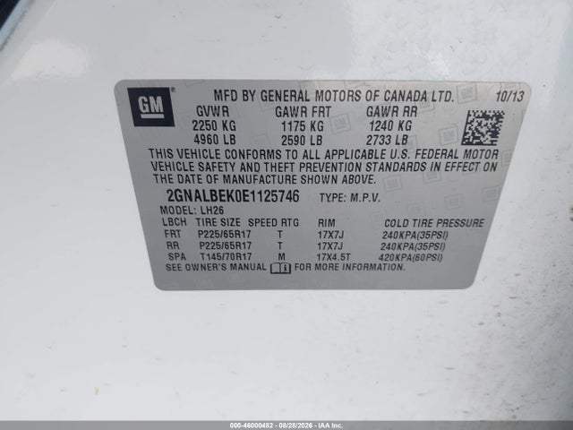Aukcja sprzedaży 2014 Chevrolet Equinox 1lt, vin: 2GNALBEK0E1125746, numer aukcji: 46000482