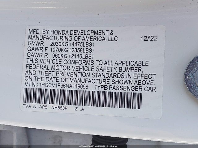 Aukcja sprzedaży 2022 Honda Accord Sport, vin: 1HGCV1F36NA119096, numer aukcji: 46000483