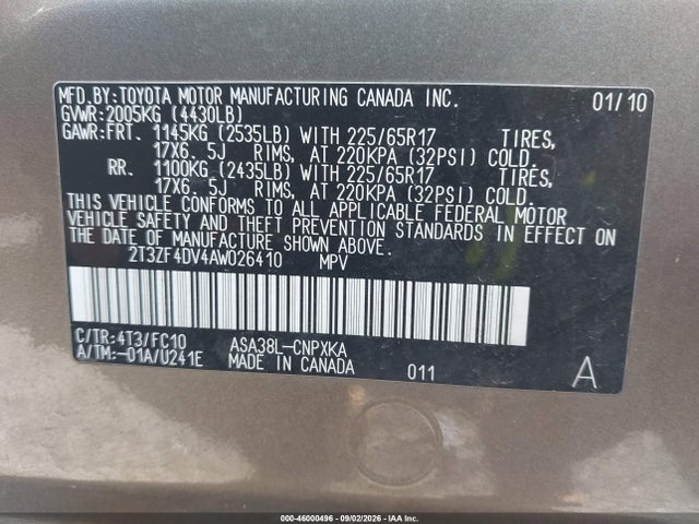 2010 Toyota Rav4 მანქანა იყიდება აუქციონზე, vin: 2T3ZF4DV4AW026410, აუქციონის ნომერი: 46000496