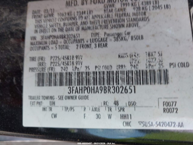 Aukcja sprzedaży 2011 Ford Fusion Se, vin: 3FAHP0HA9BR302651, numer aukcji: 46000497