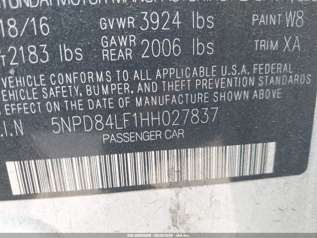 5NPD84LF1HH027837 Hyundai ELANTRA SE