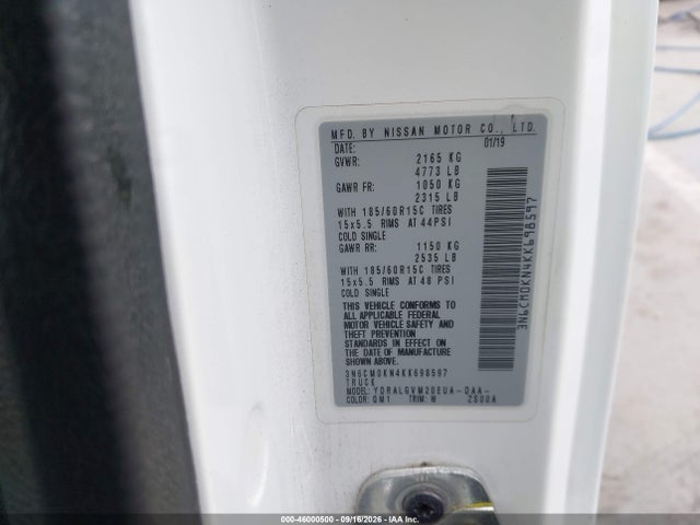 46000500 :رقم المزاد ، 3N6CM0KN4KK698597 vin ، 2019 Nissan Nv200 Sv مزاد بيع