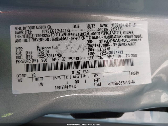 Aukcja sprzedaży 2013 Ford C-max Hybrid Se, vin: 1FADP5AU4DL509031, numer aukcji: 46000507