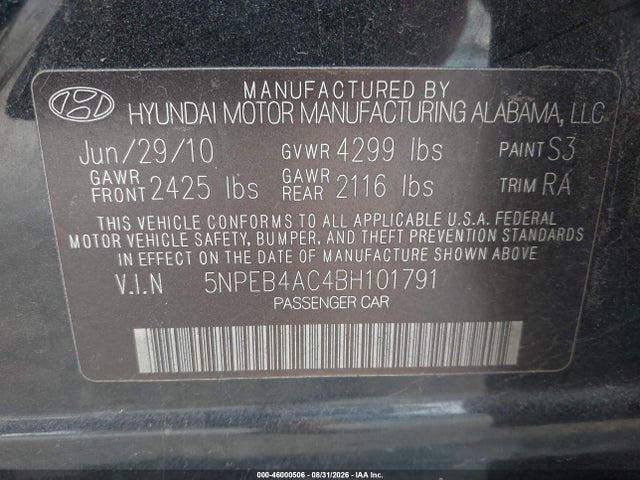 46000506 :رقم المزاد ، 5NPEB4AC4BH101791 vin ، 2011 Hyundai Sonata Gls مزاد بيع