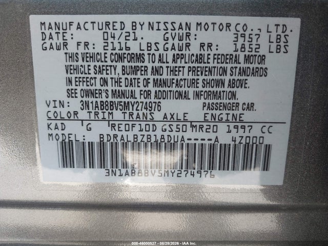 46000527 :رقم المزاد ، 3N1AB8BV5MY274976 vin ، 2021 Nissan Sentra S Xtronic Cvt مزاد بيع