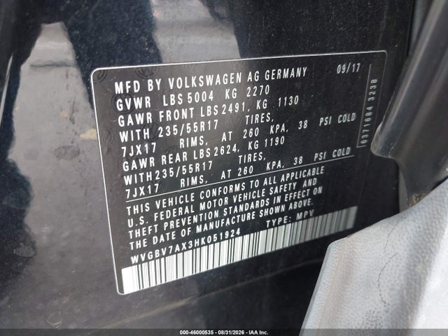 Продаж на аукціоні авто 2017 Volkswagen Tiguan 2.0t/2.0t S, vin: WVGBV7AX3HK051924, номер лоту: 46000535