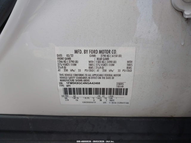 Продаж на аукціоні авто 2022 Ford Explorer St, vin: 1FM5K8GC4NGA42468, номер лоту: 46000536