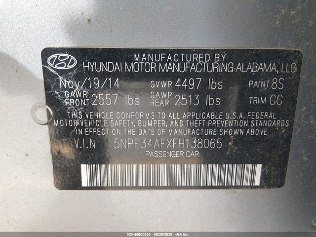 2015 Hyundai Sonata Sport მანქანა იყიდება აუქციონზე, vin: 5NPE34AFXFH138065, აუქციონის ნომერი: 46000540
