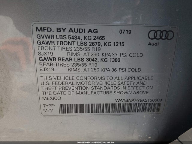 2019 Audi Q5 45 Premium მანქანა იყიდება აუქციონზე, vin: WA1BNAFY9K2136089, აუქციონის ნომერი: 46000543