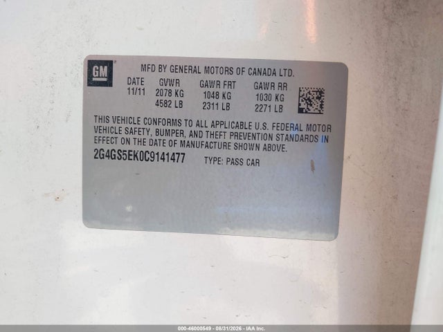 2012 Buick Regal Premium 1 მანქანა იყიდება აუქციონზე, vin: 2G4GS5EK0C9141477, აუქციონის ნომერი: 46000549