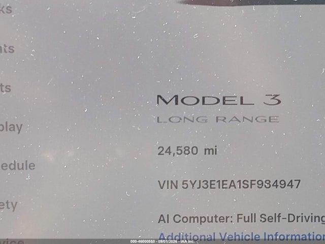 2025 Tesla Model 3 Long Range Rear-wheel Drive/standard Rear-wheel Drive მანქანა იყიდება აუქციონზე, vin: 5YJ3E1EA1SF984947, აუქციონის ნომერი: 46000550