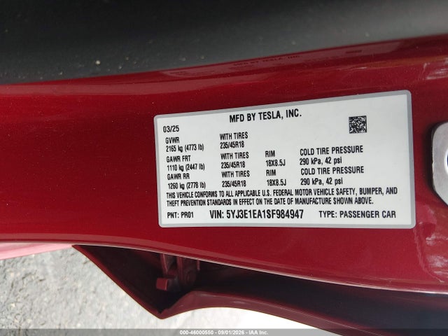 2025 Tesla Model 3 Long Range Rear-wheel Drive/standard Rear-wheel Drive მანქანა იყიდება აუქციონზე, vin: 5YJ3E1EA1SF984947, აუქციონის ნომერი: 46000550