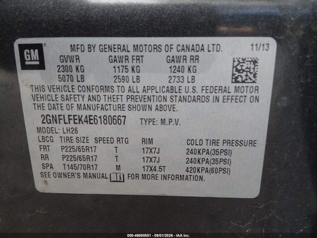 46000551 :رقم المزاد ، 2GNFLFEK4E6180667 vin ، 2014 Chevrolet Equinox 1lt مزاد بيع
