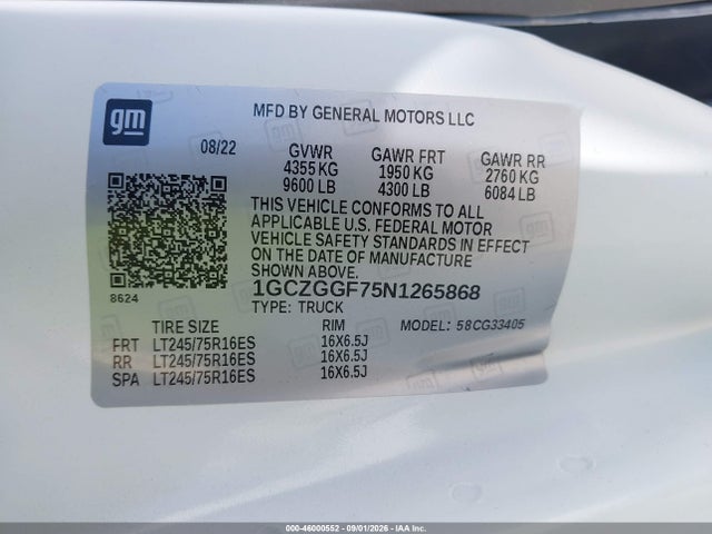 Продаж на аукціоні авто 2022 Chevrolet Express Cargo Rwd 3500 Regular Wheelbase Wt, vin: 1GCZGGF75N1265868, номер лоту: 46000552