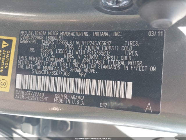 46000556 :رقم المزاد ، 5TDBK3EH7BS074308 vin ، 2011 Toyota Highlander Base V6 مزاد بيع