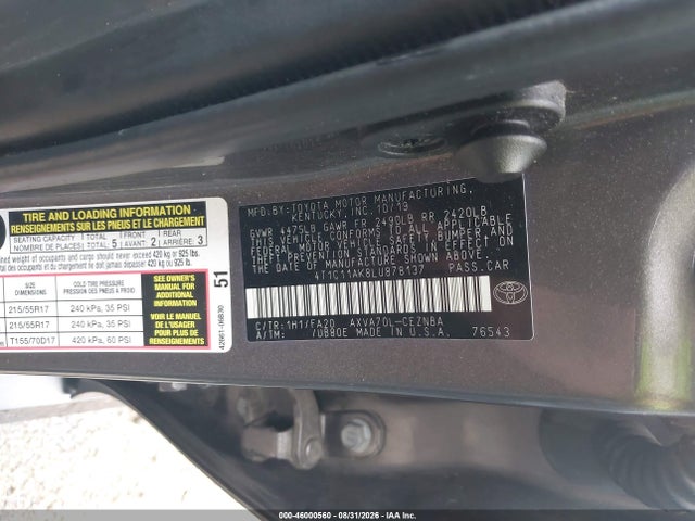 2020 Toyota Camry Le მანქანა იყიდება აუქციონზე, vin: 4T1C11AK8LU878137, აუქციონის ნომერი: 46000560