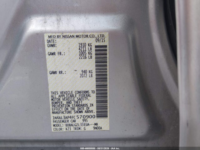 2015 Nissan Altima 2.5 S მანქანა იყიდება აუქციონზე, vin: 1N4AL3AP4FC570900, აუქციონის ნომერი: 46000588