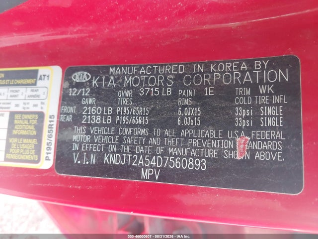 Auction sale of the 2013 Kia Soul, vin: KNDJT2A54D7560893, lot number: 46000607