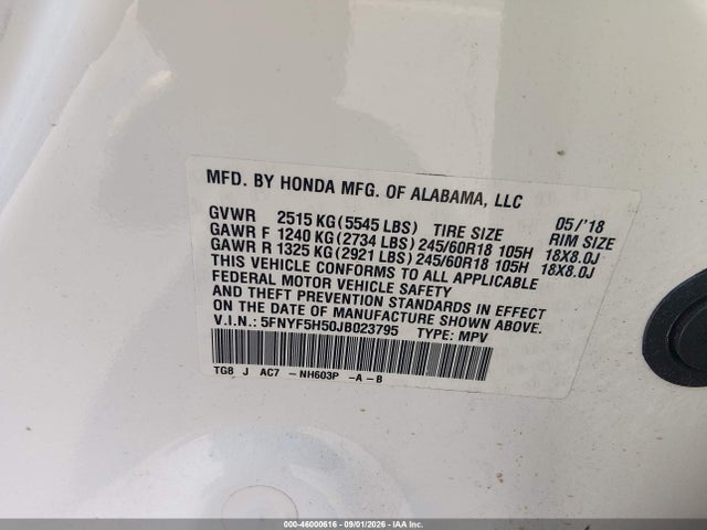 2018 Honda Pilot Ex-l მანქანა იყიდება აუქციონზე, vin: 5FNYF5H50JB023795, აუქციონის ნომერი: 46000616