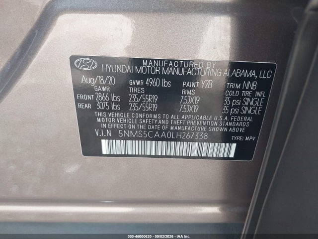 Aukcja sprzedaży 2020 Hyundai Santa Fe Limited 2.0t, vin: 5NMS5CAA0LH267338, numer aukcji: 46000620