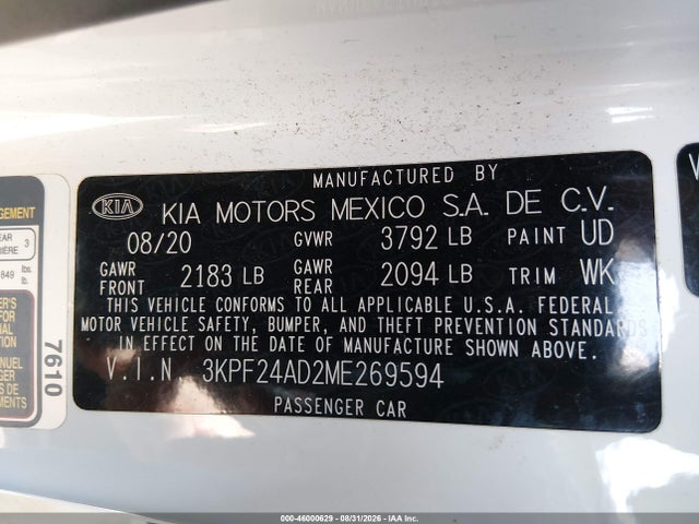 2021 Kia Forte Lxs მანქანა იყიდება აუქციონზე, vin: 3KPF24AD2ME269594, აუქციონის ნომერი: 46000629