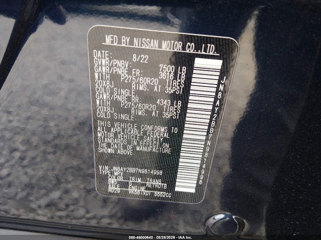 2022 Nissan Armada Sl 4wd მანქანა იყიდება აუქციონზე, vin: JN8AY2BB7N9814998, აუქციონის ნომერი: 46000640