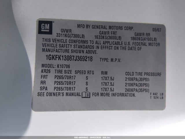 Aukcja sprzedaży 2007 Gmc Yukon Slt, vin: 1GKFK13087J369218, numer aukcji: 46000642