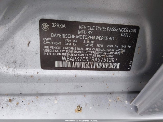 Aukcja sprzedaży 2011 Bmw 328i Xdrive, vin: WBAPK7C51BA975139, numer aukcji: 46000654
