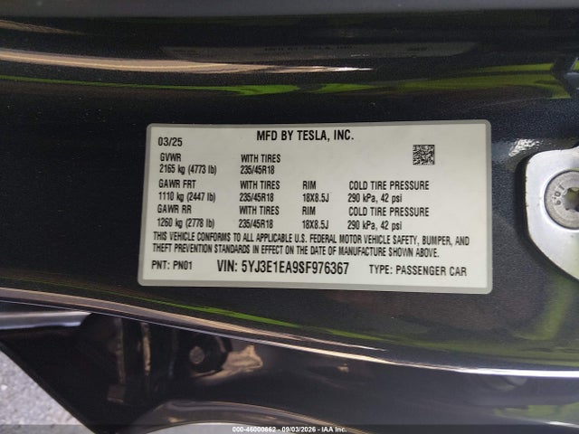 5YJ3E1EA9SF976367 Tesla Model 3 Long Range Rear-wheel Drive/standard Rear-wheel Drive