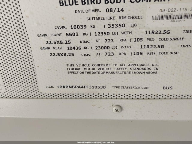 Blue Bird School Bus / Transit Bus 2015 1BABNBPA4FF310530 Image 9