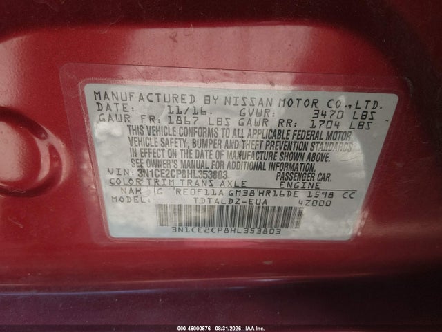 46000676 :رقم المزاد ، 3N1CE2CP8HL353803 vin ، 2017 Nissan Versa Note Sv مزاد بيع