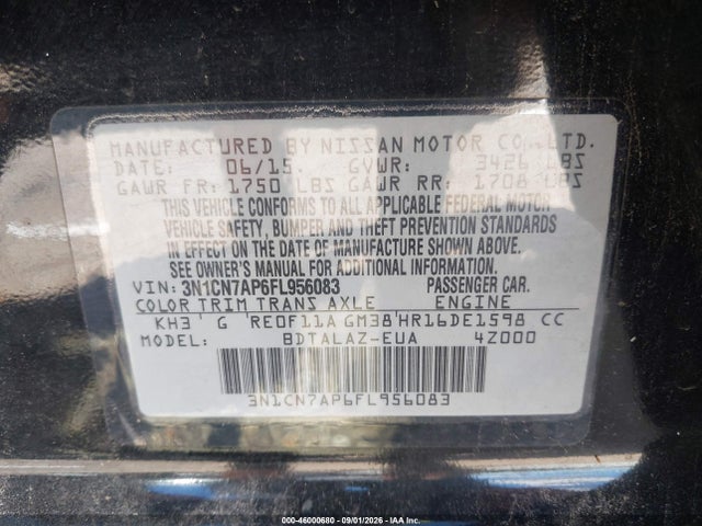 2015 Nissan Versa 1.6 S+ მანქანა იყიდება აუქციონზე, vin: 3N1CN7AP6FL956083, აუქციონის ნომერი: 46000680