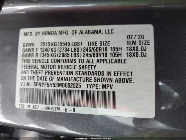 2021 Honda Pilot 2wd Ex-l მანქანა იყიდება აუქციონზე, vin: 5FNYF5H53MB002525, აუქციონის ნომერი: 46000681